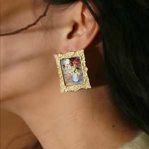 Geometric Shaped Oil Painting Earrings 1pair